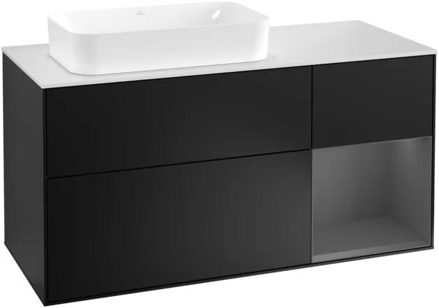 Obrázek VILLEROY BOCH Toaletní skříňka Finion, s osvětlením, 3 výsuvy, 1200 x 603 x 501 mm, černý matný lak / antracitový matný lak / bílé matné sklo #F281GKPD