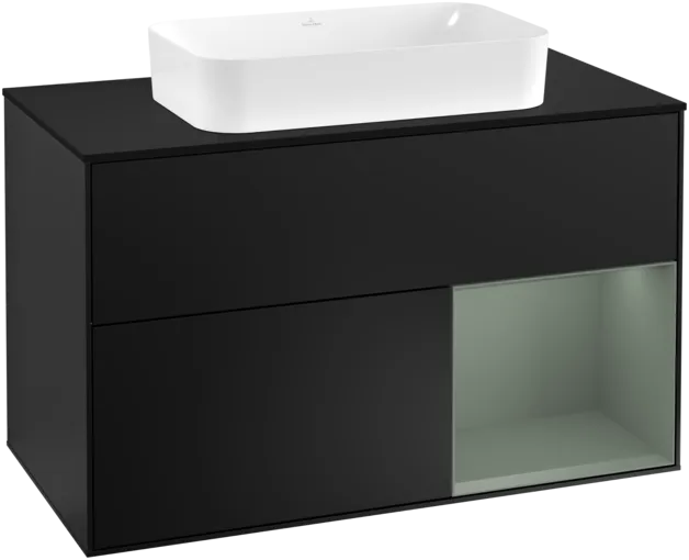 Obrázek VILLEROY BOCH Toaletní skříňka Finion, s osvětlením, 2 výsuvy, 1000 x 603 x 501 mm, černý matný lak / olivový matný lak / černé matné sklo #F252GMPD