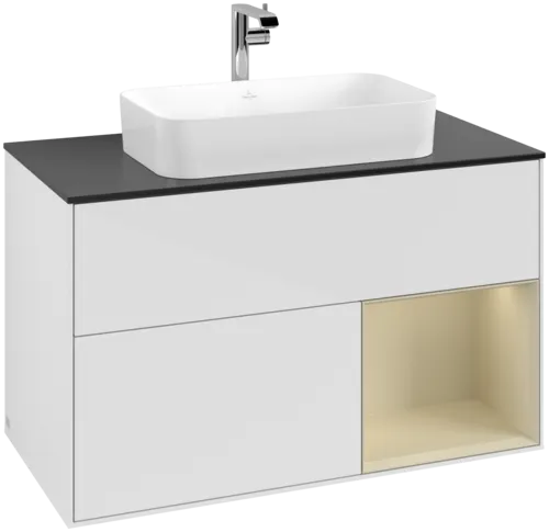 VILLEROY BOCH Finion Vanity unit, with lighting, 2 pull-out compartments, 1000 x 603 x 501 mm, Glossy White Lacquer / Silk Grey Matt Lacquer / Glass Black Matt #F252HJGF resmi