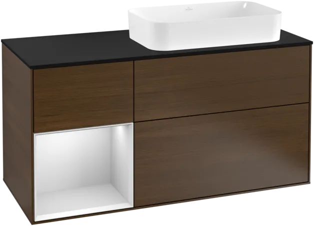 Picture of VILLEROY BOCH Finion Vanity unit, with lighting, 3 pull-out compartments, 1200 x 603 x 501 mm, Walnut Veneer / White Matt Lacquer / Glass Black Matt #F272MTGN
