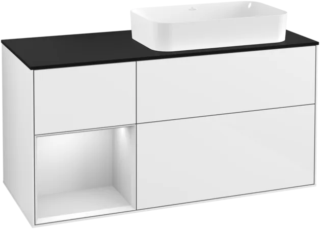 VILLEROY BOCH Finion Vanity unit, with lighting, 3 pull-out compartments, 1200 x 603 x 501 mm, Glossy White Lacquer / White Matt Lacquer / Glass Black Matt #F272MTGF resmi
