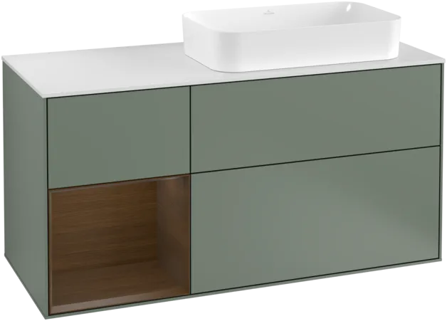 Picture of VILLEROY BOCH Finion Vanity unit, with lighting, 3 pull-out compartments, 1200 x 603 x 501 mm, Olive Matt Lacquer / Walnut Veneer / Glass White Matt #F271GNGM