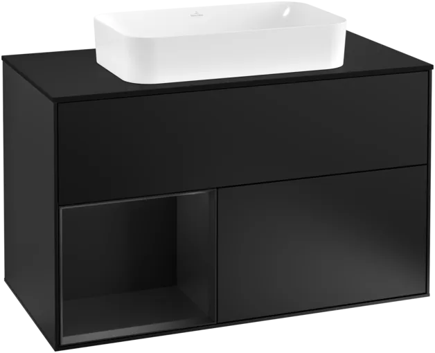 Obrázek VILLEROY BOCH Umyvadlová skříňka Finion, s osvětlením, 2 výsuvy, 1000 x 603 x 501 mm, černý matný lak / černý matný lak / černé matné sklo #F242PDPD