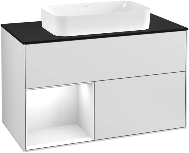 Obrázek VILLEROY BOCH Umyvadlová skříňka Finion, s osvětlením, 2 výsuvy, 1000 x 603 x 501 mm, bílý matný lak / bílý lesklý lak / černé matné sklo #F242GFMT