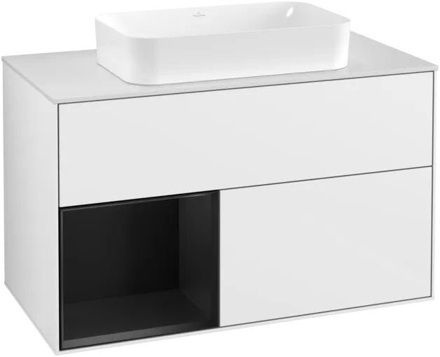Obrázek VILLEROY BOCH Umyvadlová skříňka Finion, s osvětlením, 2 výsuvy, 1000 x 603 x 501 mm, lesklý bílý lak / černý matný lak / bílé matné sklo #F241PDGF
