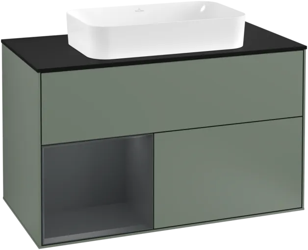 Picture of VILLEROY BOCH Finion Vanity unit, with lighting, 2 pull-out compartments, 1000 x 603 x 501 mm, Olive Matt Lacquer / Midnight Blue Matt Lacquer / Glass Black Matt #F242HGGM