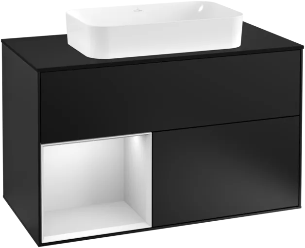 Obrázek VILLEROY BOCH Umyvadlová skříňka Finion, s osvětlením, 2 výsuvy, 1000 x 603 x 501 mm, černý matný lak / bílý matný lak / černé matné sklo #F242MTPD