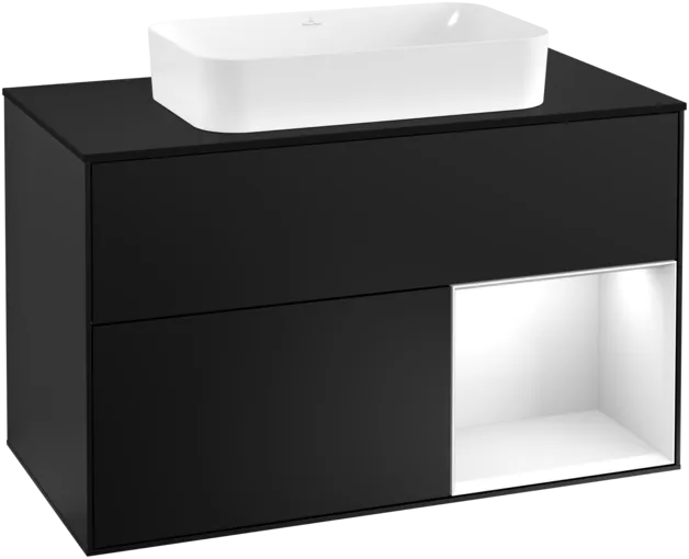 Obrázek VILLEROY BOCH Umyvadlová skříňka Finion, s osvětlením, 2 výsuvy, 1000 x 603 x 501 mm, černý matný lak / lesklý bílý lak / černé matné sklo #F252GFPD