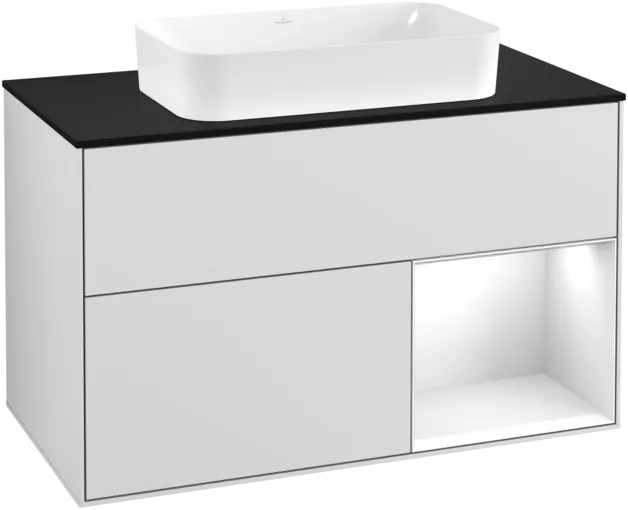 Obrázek VILLEROY BOCH Umyvadlová skříňka Finion, s osvětlením, 2 výsuvy, 1000 x 603 x 501 mm, bílý matný lak / bílý lesklý lak / černé matné sklo #F252GFMT