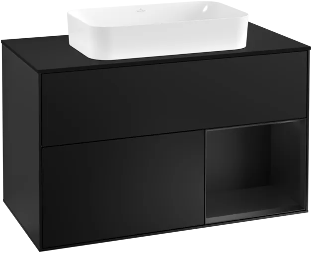 Obrázek VILLEROY BOCH Umyvadlová skříňka Finion, s osvětlením, 2 výsuvy, 1000 x 603 x 501 mm, černý matný lak / černý matný lak / černé matné sklo #F252PDPD