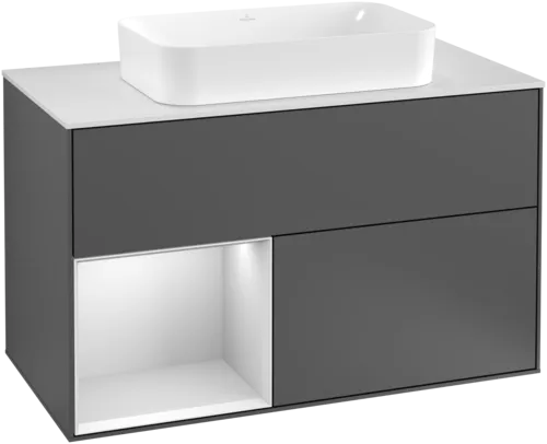 Obrázek VILLEROY BOCH Toaletní skříňka Finion, s osvětlením, 2 výsuvy, 1000 x 603 x 501 mm, antracitový matný lak / bílý matný lak / bílé matné sklo #F241MTGK