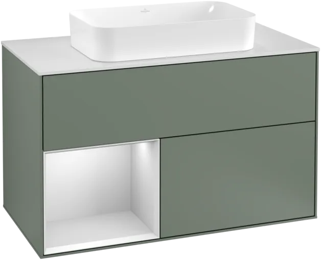 Picture of VILLEROY BOCH Finion Vanity unit, with lighting, 2 pull-out compartments, 1000 x 603 x 501 mm, Olive Matt Lacquer / White Matt Lacquer / Glass White Matt #F241MTGM