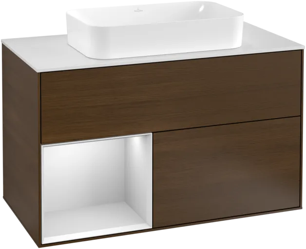 Picture of VILLEROY BOCH Finion Vanity unit, with lighting, 2 pull-out compartments, 1000 x 603 x 501 mm, Walnut Veneer / White Matt Lacquer / Glass White Matt #F241MTGN