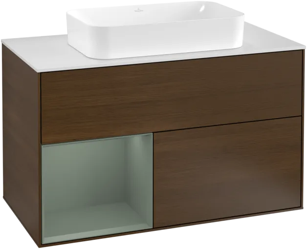 Picture of VILLEROY BOCH Finion Vanity unit, with lighting, 2 pull-out compartments, 1000 x 603 x 501 mm, Walnut Veneer / Olive Matt Lacquer / Glass White Matt #F241GMGN