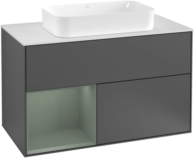 Picture of VILLEROY BOCH Finion Vanity unit, with lighting, 2 pull-out compartments, 1000 x 603 x 501 mm, Anthracite Matt Lacquer / Olive Matt Lacquer / Glass White Matt #F241GMGK