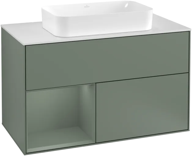Picture of VILLEROY BOCH Finion Vanity unit, with lighting, 2 pull-out compartments, 1000 x 603 x 501 mm, Olive Matt Lacquer / Olive Matt Lacquer / Glass White Matt #F241GMGM