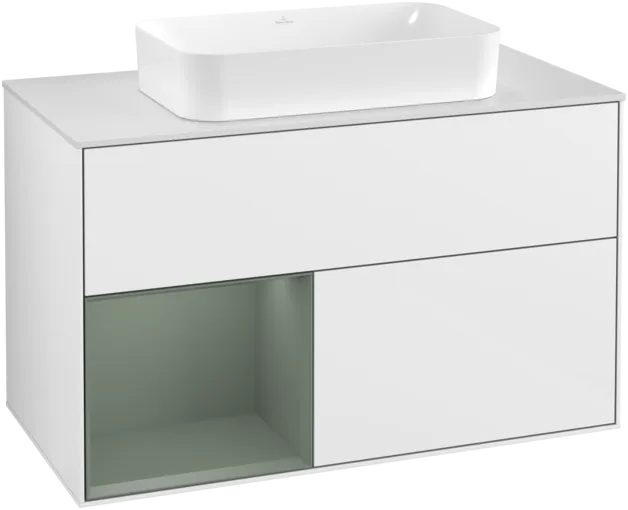 Picture of VILLEROY BOCH Finion Vanity unit, with lighting, 2 pull-out compartments, 1000 x 603 x 501 mm, Glossy White Lacquer / Olive Matt Lacquer / Glass White Matt #F241GMGF