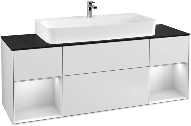 Picture of VILLEROY BOCH Finion Vanity unit, with lighting, 4 pull-out compartments, 1600 x 603 x 501 mm, White Matt Lacquer / White Matt Lacquer / Glass Black Matt #F212MTMT