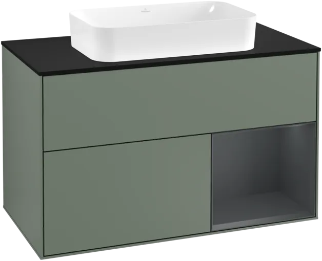 Picture of VILLEROY BOCH Finion Vanity unit, with lighting, 2 pull-out compartments, 1000 x 603 x 501 mm, Olive Matt Lacquer / Midnight Blue Matt Lacquer / Glass Black Matt #F252HGGM