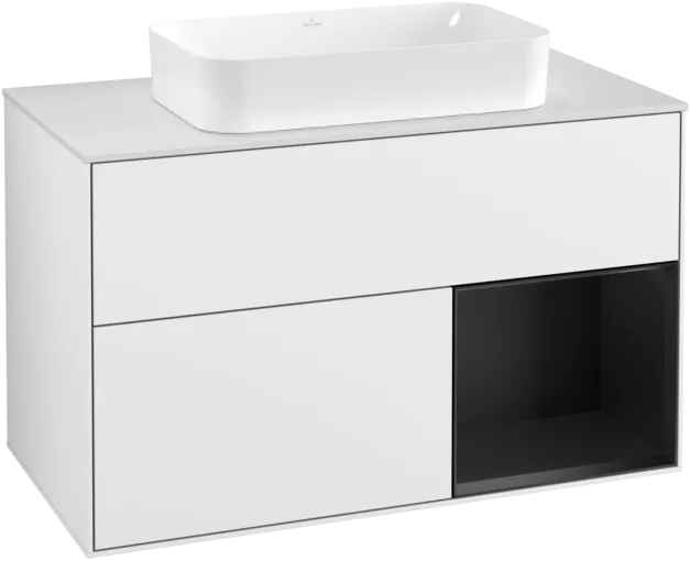 Obrázek VILLEROY BOCH Umyvadlová skříňka Finion, s osvětlením, 2 výsuvy, 1000 x 603 x 501 mm, lesklý bílý lak / černý matný lak / bílé matné sklo #F251PDGF