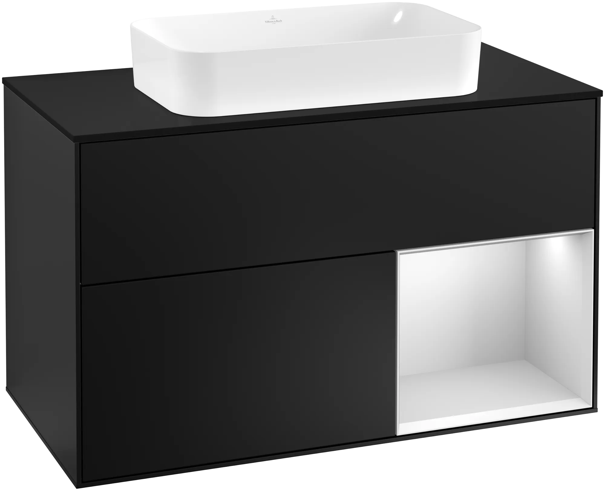 Obrázek VILLEROY BOCH Umyvadlová skříňka Finion, s osvětlením, 2 výsuvy, 1000 x 603 x 501 mm, černý matný lak / bílý matný lak / černé matné sklo #F252MTPD