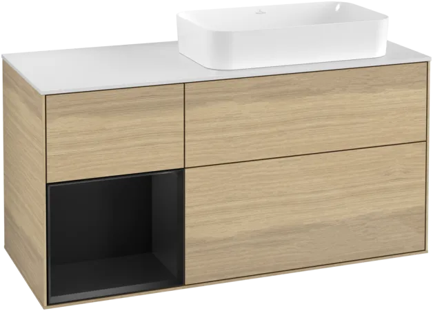 Picture of VILLEROY BOCH Finion Vanity unit, with lighting, 3 pull-out compartments, 1200 x 603 x 501 mm, Oak Veneer / Black Matt Lacquer / Glass White Matt #F271PDPC