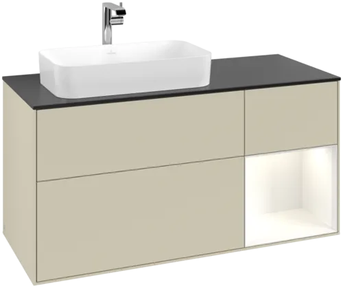Obrázek VILLEROY BOCH Toaletní skříňka Finion, s osvětlením, 3 výsuvy, 1200 x 603 x 501 mm, hedvábně šedý matný lak / lesklý bílý lak / černé matné sklo #F282GFHJ