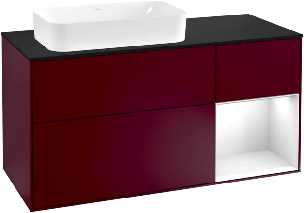 Зображення з  VILLEROY BOCH Finion Vanity unit, with lighting, 3 pull-out compartments, 1200 x 603 x 501 mm, Peony Matt Lacquer / Glossy White Lacquer / Glass Black Matt #F282GFHB