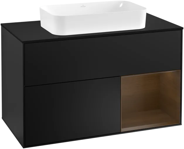 Picture of VILLEROY BOCH Finion Vanity unit, with lighting, 2 pull-out compartments, 1000 x 603 x 501 mm, Black Matt Lacquer / Walnut Veneer / Glass Black Matt #F252GNPD