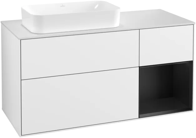 Obrázek VILLEROY BOCH Toaletní skříňka Finion, s osvětlením, 3 výsuvy, 1200 x 603 x 501 mm, lesklý bílý lak / černý matný lak / sklo bílé matné #F281PDGF