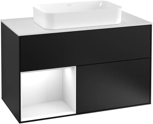 Obrázek VILLEROY BOCH Toaletní skříňka Finion, s osvětlením, 2 výsuvy, 1000 x 603 x 501 mm, černý matný lak / bílý lesklý lak / bílé matné sklo #F241GFPD