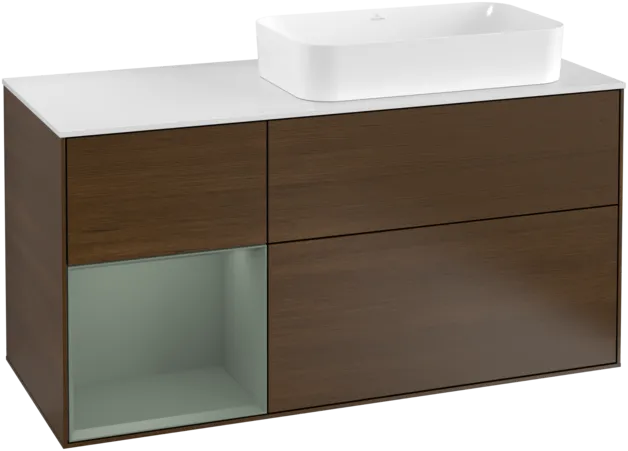 Picture of VILLEROY BOCH Finion Vanity unit, with lighting, 3 pull-out compartments, 1200 x 603 x 501 mm, Walnut Veneer / Olive Matt Lacquer / Glass White Matt #F271GMGN
