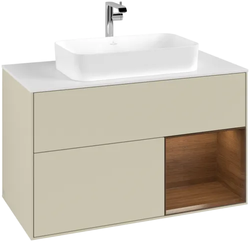 Picture of VILLEROY BOCH Finion Vanity unit, with lighting, 2 pull-out compartments, 1000 x 603 x 501 mm, Silk Grey Matt Lacquer / Walnut Veneer / Glass White Matt #F251GNHJ