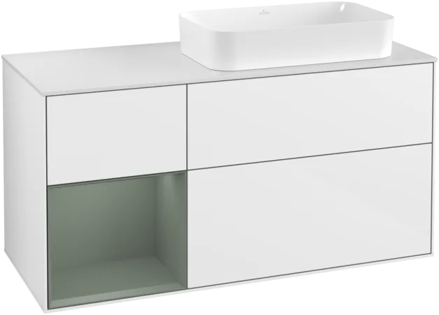Obrázek VILLEROY BOCH Toaletní skříňka Finion, s osvětlením, 3 výsuvy, 1200 x 603 x 501 mm, lesklý bílý lak / olivově matný lak / sklo bílé matné #F271GMGF