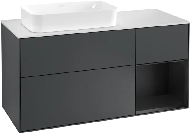 Picture of VILLEROY BOCH Finion Vanity unit, with lighting, 3 pull-out compartments, 1200 x 603 x 501 mm, Midnight Blue Matt Lacquer / Black Matt Lacquer / Glass White Matt #F281PDHG
