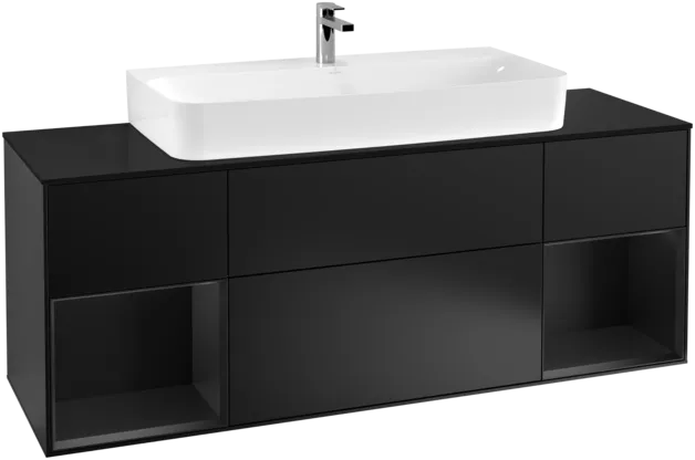 Obrázek VILLEROY BOCH Toaletní skříňka Finion, s osvětlením, 4 výsuvy, 1600 x 603 x 501 mm, černý matný lak / černý matný lak / černé matné sklo #F212PDPD