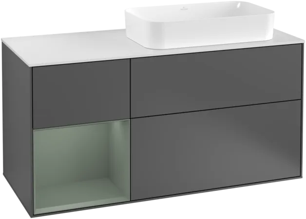 Зображення з  VILLEROY BOCH Finion Vanity unit, with lighting, 3 pull-out compartments, 1200 x 603 x 501 mm, Anthracite Matt Lacquer / Olive Matt Lacquer / Glass White Matt #F271GMGK