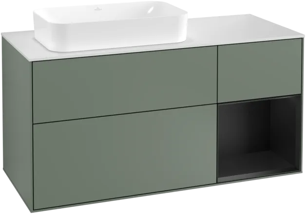 Obrázek VILLEROY BOCH Toaletní skříňka Finion, s osvětlením, 3 výsuvy, 1200 x 603 x 501 mm, olivový matný lak / černý matný lak / bílé matné sklo #F281PDGM