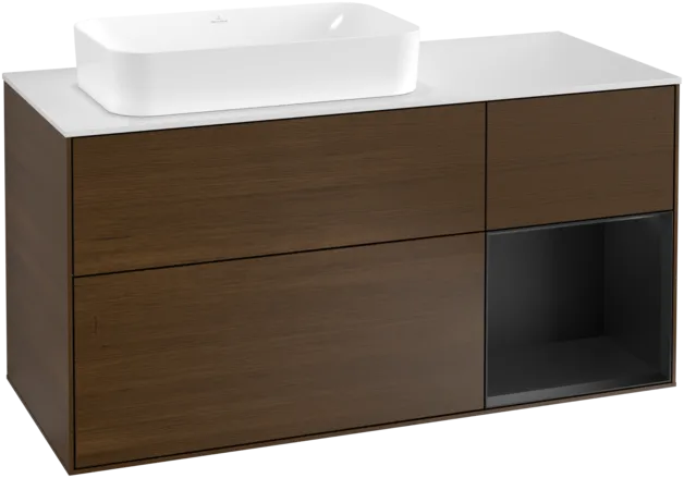 Picture of VILLEROY BOCH Finion Vanity unit, with lighting, 3 pull-out compartments, 1200 x 603 x 501 mm, Walnut Veneer / Black Matt Lacquer / Glass White Matt #F281PDGN