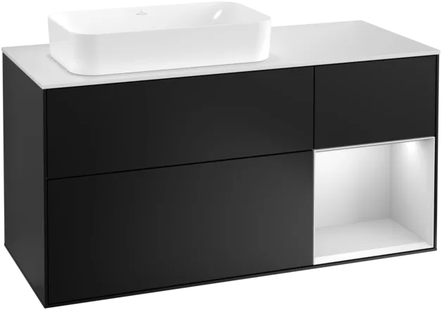 Picture of VILLEROY BOCH Finion Vanity unit, with lighting, 3 pull-out compartments, 1200 x 603 x 501 mm, Black Matt Lacquer / White Matt Lacquer / Glass White Matt #F281MTPD