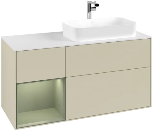 Picture of VILLEROY BOCH Finion Vanity unit, with lighting, 3 pull-out compartments, 1200 x 603 x 501 mm, Silk Grey Matt Lacquer / Olive Matt Lacquer / Glass White Matt #F271GMHJ