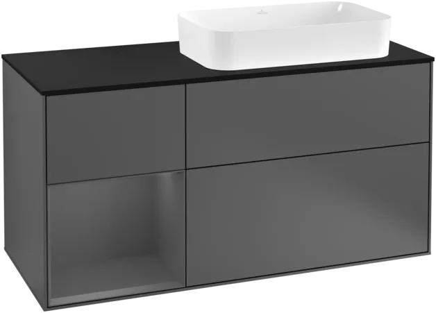 Obrázek VILLEROY BOCH Toaletní skříňka Finion, s osvětlením, 3 výsuvy, 1200 x 603 x 501 mm, antracit matný lak / antracit matný lak / sklo černé matné #F272GKGK