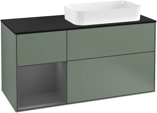 Obrázek VILLEROY BOCH Toaletní skříňka Finion, s osvětlením, 3 výsuvy, 1200 x 603 x 501 mm, olivový matný lak / antracitový matný lak / černé matné sklo #F272GKGM