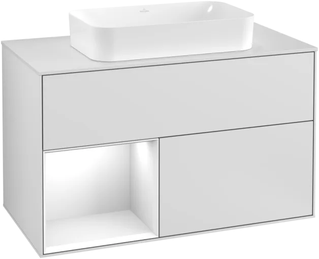 Obrázek VILLEROY BOCH Umyvadlová skříňka Finion, s osvětlením, 2 výsuvy, 1000 x 603 x 501 mm, bílý matný lak / bílý lesklý lak / bílé matné sklo #F241GFMT