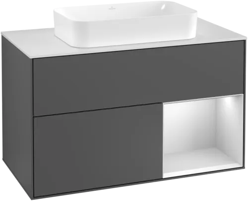 Obrázek VILLEROY BOCH Toaletní skříňka Finion, s osvětlením, 2 výsuvy, 1000 x 603 x 501 mm, antracitový matný lak / bílý matný lak / bílé matné sklo #F251MTGK