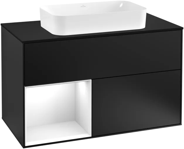 Obrázek VILLEROY BOCH Umyvadlová skříňka Finion, s osvětlením, 2 výsuvy, 1000 x 603 x 501 mm, černý matný lak / lesklý bílý lak / černé matné sklo #F242GFPD
