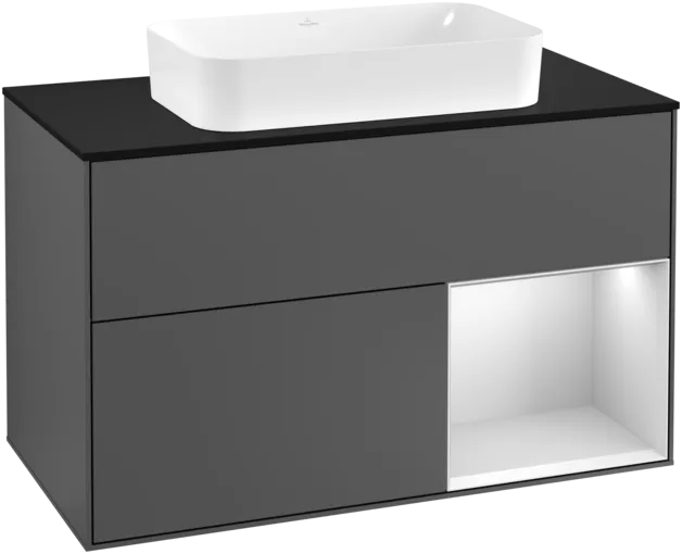 Obrázek VILLEROY BOCH Toaletní skříňka Finion, s osvětlením, 2 výsuvy, 1000 x 603 x 501 mm, antracitový matný lak / bílý matný lak / černé matné sklo #F252MTGK