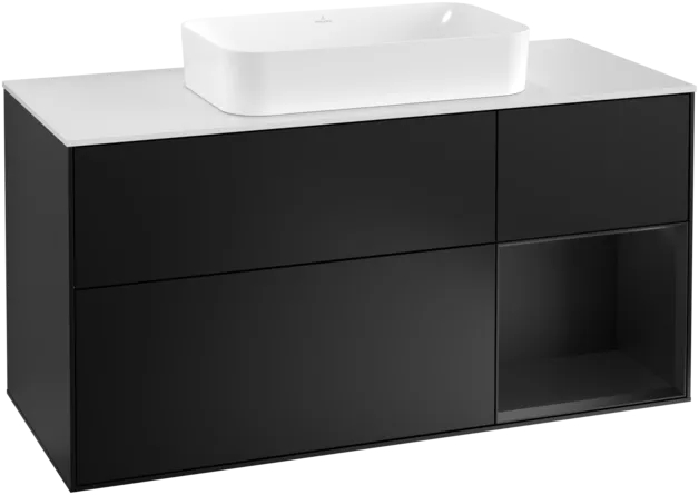 Obrázek VILLEROY BOCH Toaletní skříňka Finion, s osvětlením, 3 výsuvy, 1200 x 603 x 501 mm, černý matný lak / černý matný lak / sklo bílé matné #F301PDPD