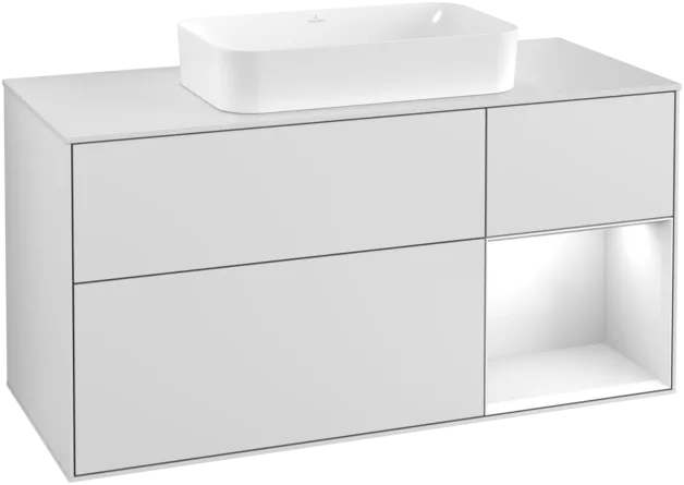 Obrázek VILLEROY BOCH Umyvadlová skříňka Finion, s osvětlením, 3 výsuvy, 1200 x 603 x 501 mm, bílý matný lak / bílý lesklý lak / bílé matné sklo #F301GFMT