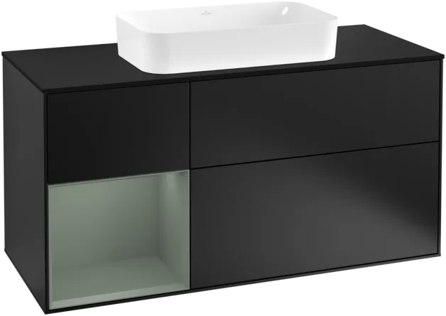 Obrázek VILLEROY BOCH Toaletní skříňka Finion, s osvětlením, 3 výsuvy, 1200 x 603 x 501 mm, černý matný lak / olivový matný lak / černé matné sklo #F292GMPD